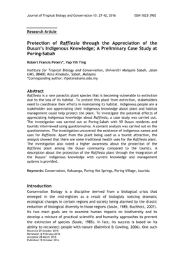 Protection of Rafflesia Through the Appreciation of the Dusun’S Indigenous Knowledge; a Preliminary Case Study at Poring-Sabah