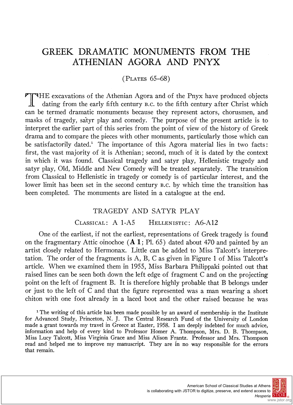 Greek Dramatic Monuments from the Athenian Agora and Pnyx