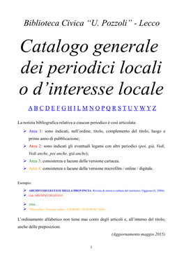 Catalogo Generale Dei Periodici Locali O D'interesse Locale