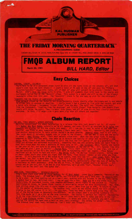 FRIQB ALBUM REPORT March 20, 1981 BILL HARD, Editor
