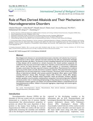 Role of Plant Derived Alkaloids and Their Mechanism in Neurodegenerative Disorders