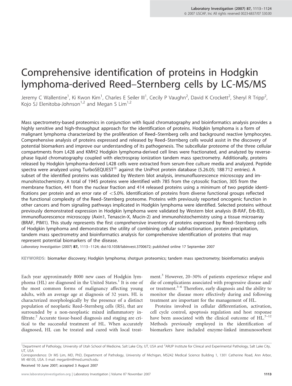 Comprehensive Identification of Proteins in Hodgkin Lymphoma