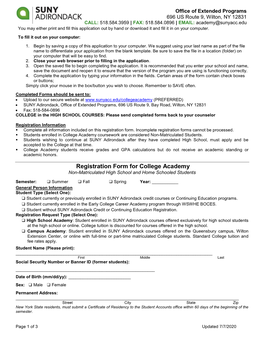 Registration Form for College Academy Non-Matriculated High School and Home Schooled Students