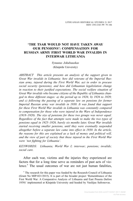 COMPENSATION for RUSSIAN ARMY FIRST WORLD WAR INVALIDS in INTERWAR LITHUANIA Vytautas Jokubauskas (Klaipėda University)