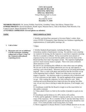 1 | P a G E CITY of SALEM BOARD of HEALTH MEETING MINUTES