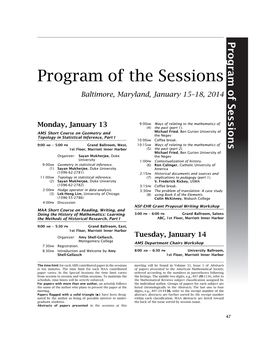 Program of the Sessions Baltimore, Maryland, January 15–18, 2014
