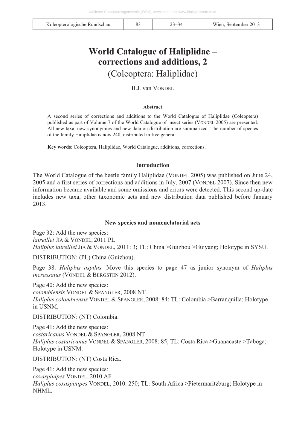 World Catalogue of Haliplidae – Corrections and Additions, 2 (HALIPLIDAE) 25