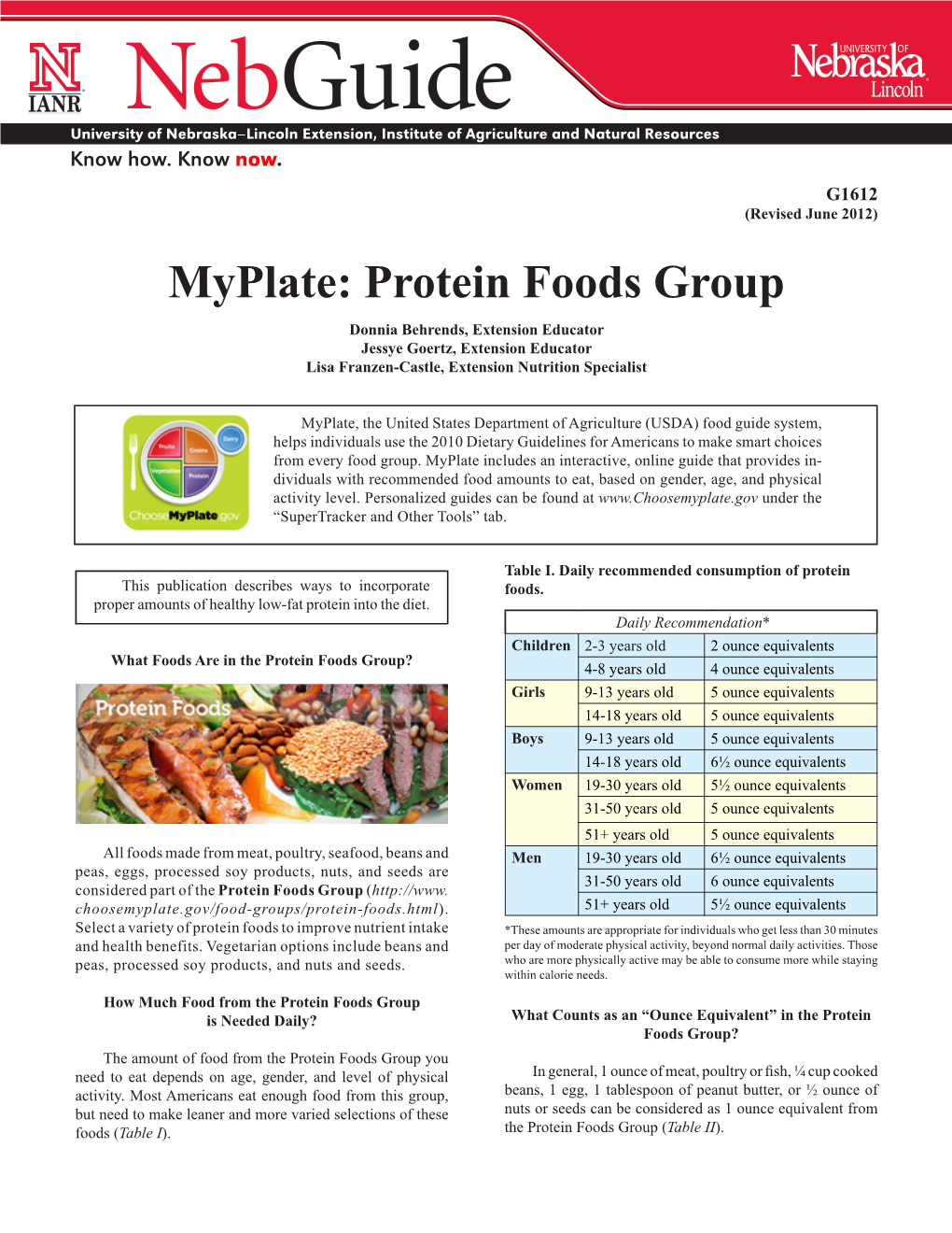 Myplate: Protein Foods Group Donnia Behrends, Extension Educator Jessye Goertz, Extension Educator Lisa Franzen-Castle, Extension Nutrition Specialist