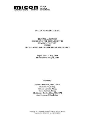 Avalon Rare Metals Inc. Technical Report Disclosing the Results of the Feasibility Study on the Nechalacho Rare Earth Elements P