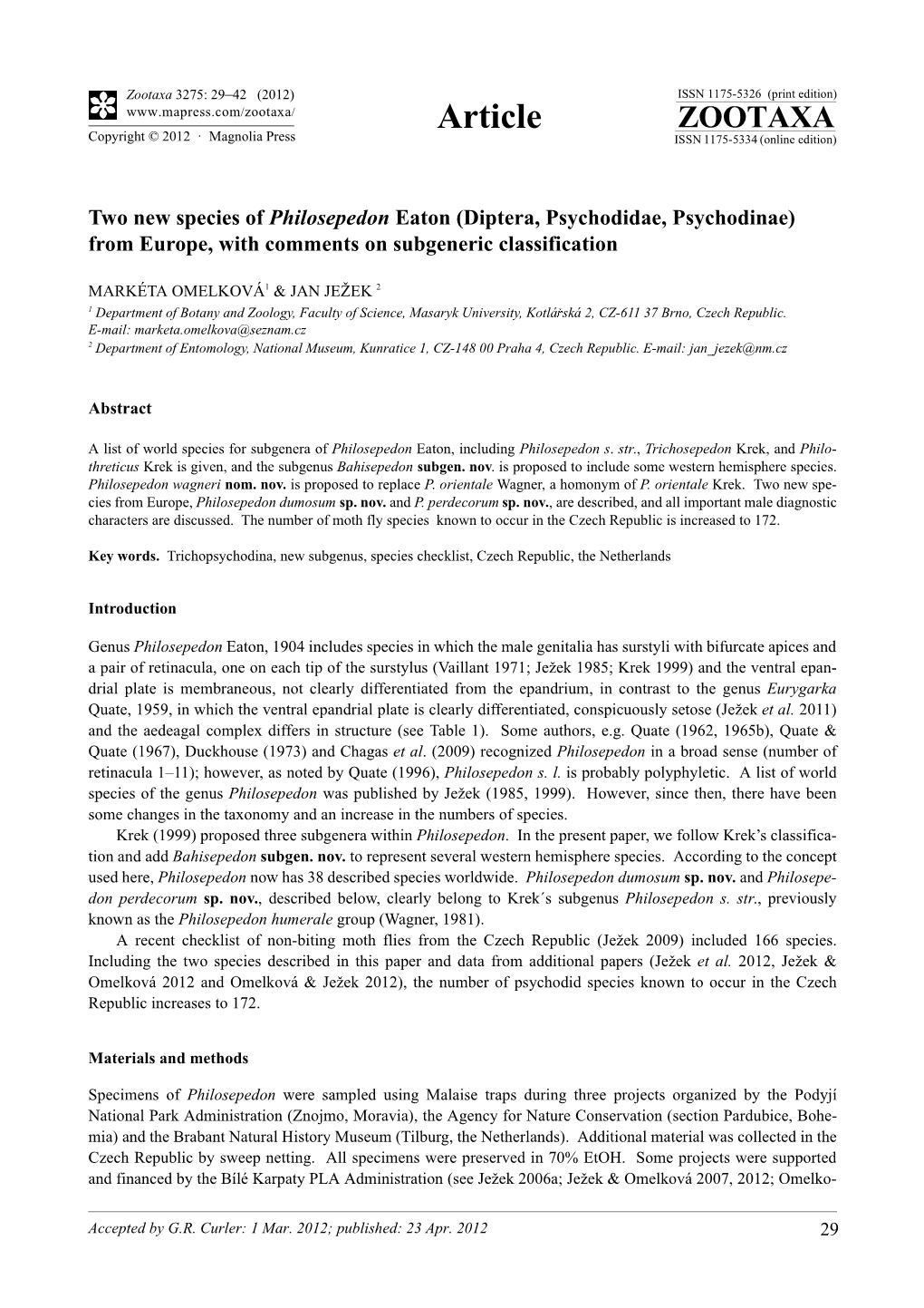 Two New Species of Philosepedon Eaton (Diptera, Psychodidae, Psychodinae) from Europe, with Comments on Subgeneric Classification