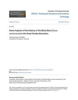 Some Aspects of the History of the Black Bear (Ursus Americanus) in the Great Smoky Mountains