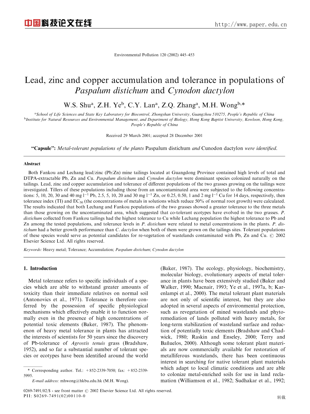 Lead, Zinc and Copper Accumulation and Tolerance in Populations of Paspalum Distichum and Cynodon Dactylon