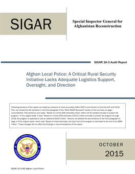 Afghan Local Police: a Critical Rural Security Initiative Lacks Adequate Logistics Support, Oversight, and Direction