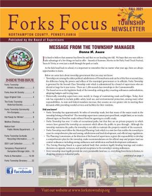 NEWSLETTER NORTHAMPTON COUNTY, PENNSYLVANIA Published by the Board of Supervisors MESSAGE from the TOWNSHIP MANAGER Donna M