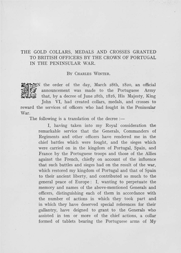 The Gold Collars, Medals and Crosses Granted to British Officers by the Crown of Portugal in the Peninsular War