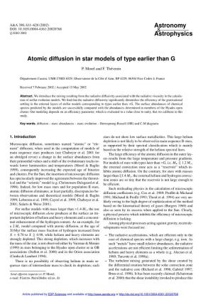 Atomic Diffusion in Star Models of Type Earlier Than G