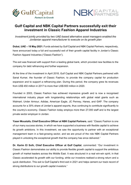 Gulf Capital and NBK Capital Partners Successfully Exit Their Investment in Classic Fashion Apparel Industries