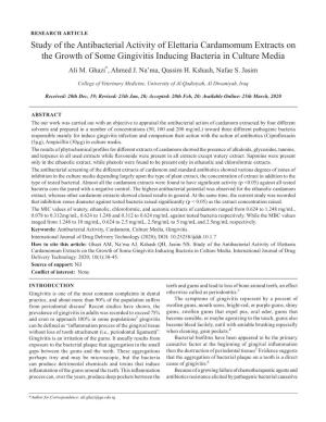 Study of the Antibacterial Activity of Elettaria Cardamomum Extracts on the Growth of Some Gingivitis Inducing Bacteria in Culture Media Ali M