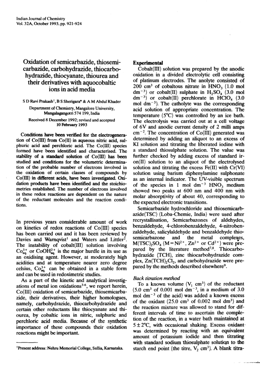 Oxidation Ofsemicarbazide, Thiosemi- Carbazide, Carbohydrazide