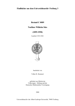 Findbücher Aus Dem Universitätsarchiv Freiburg 3 Bestand C 0089 Nachlass Wilhelm Süss (1895-1958)