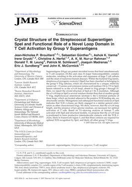 Crystal Structure of the Streptococcal Superantigen Spei and Functional Role of a Novel Loop Domain in T Cell Activation by Group V Superantigens