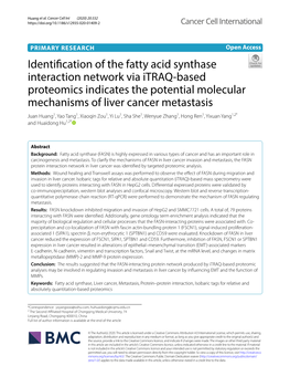Identification of the Fatty Acid Synthase Interaction Network Via Itraq-Based Proteomics Indicates the Potential Molecular Mecha