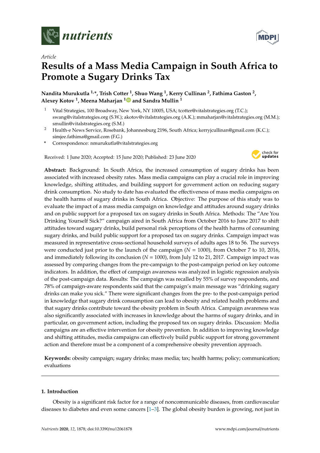 Results of a Mass Media Campaign in South Africa to Promote a Sugary Drinks Tax