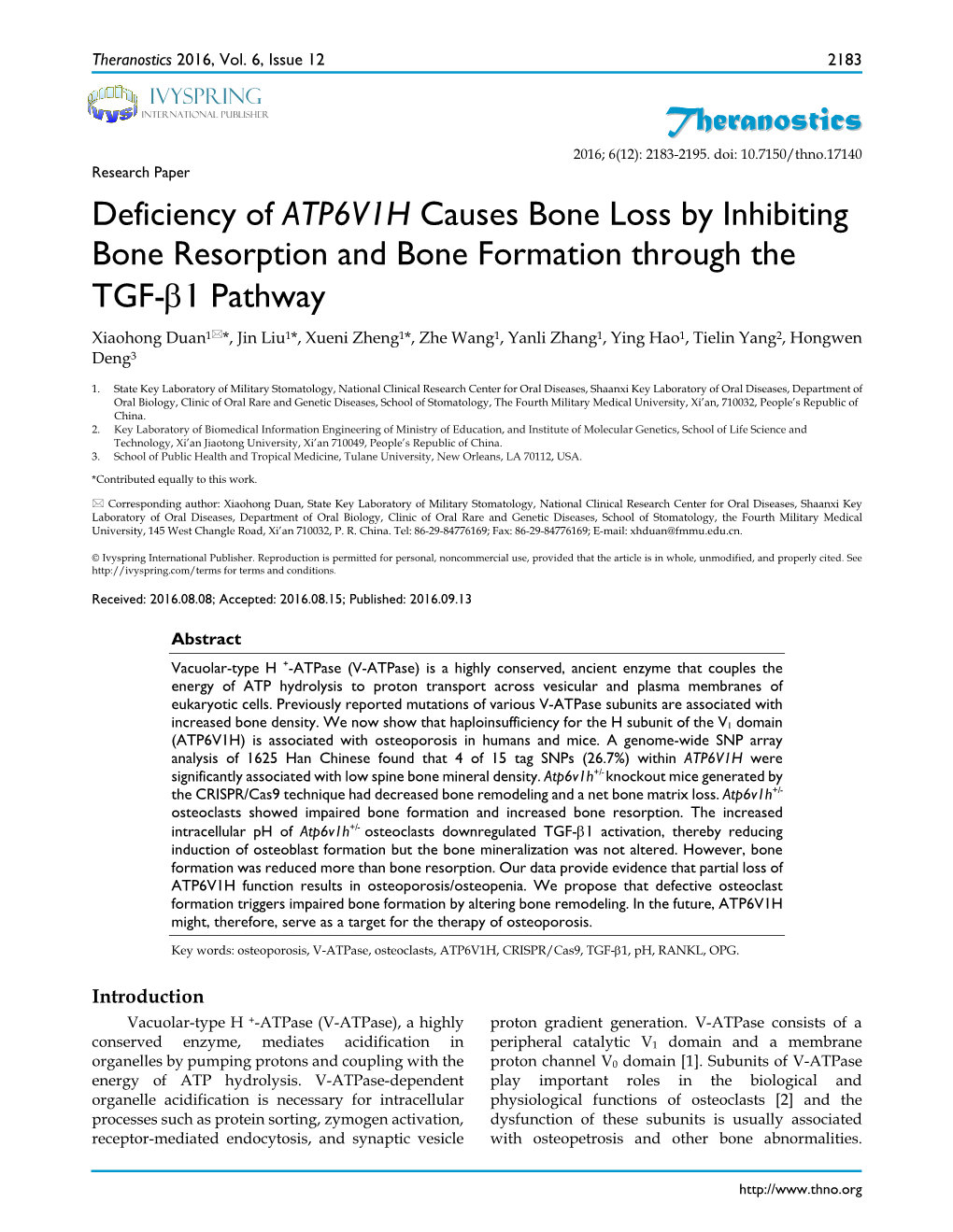 Theranostics Deficiency of ATP6V1H Causes Bone Loss by Inhibiting