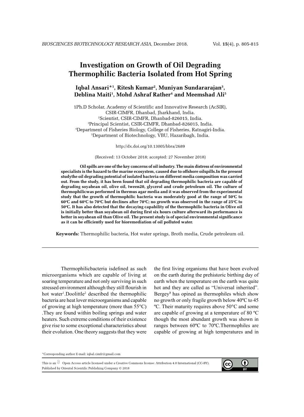 Investigation on Growth of Oil Degrading Thermophilic Bacteria Isolated from Hot Spring