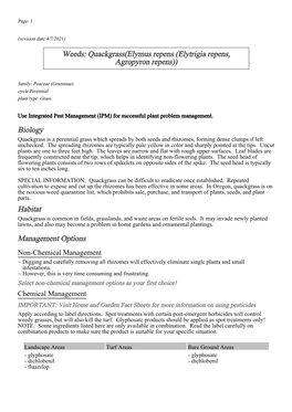 Biology Habitat Management Options Weeds: Quackgrass(Elymus Repens (Elytrigia Repens, Agropyron Repens))