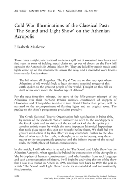 Cold War Illuminations of the Classical Past: `The Sound and Light Show' on the Athenian Acropolis
