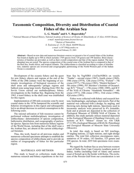 Taxonomic Composition, Diversity and Distribution of Coastal Fishes of the Arabian Sea L