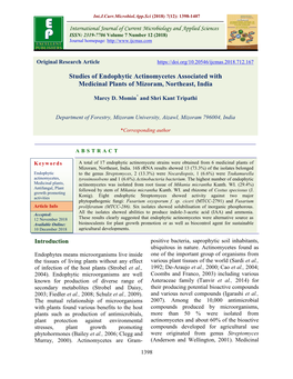 Studies of Endophytic Actinomycetes Associated with Medicinal Plants of Mizoram, Northeast, India