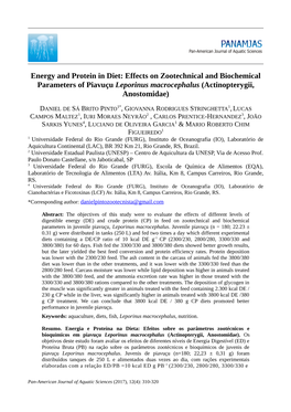 Energy and Protein in Diet: Effects on Zootechnical and Biochemical Parameters of Piavuçu Leporinus Macrocephalus (Actinopterygii, Anostomidae)