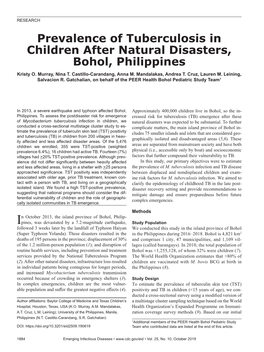 Prevalence of Tuberculosis in Children After Natural Disasters, Bohol, Philippines Kristy O