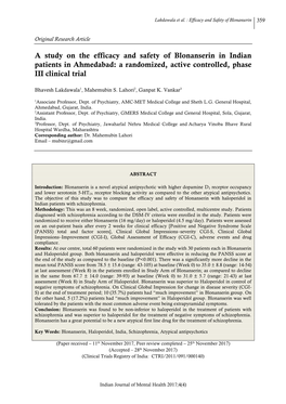 A Study on the Efficacy and Safety of Blonanserin in Indian Patients in Ahmedabad: a Randomized, Active Controlled, Phase III Clinical Trial