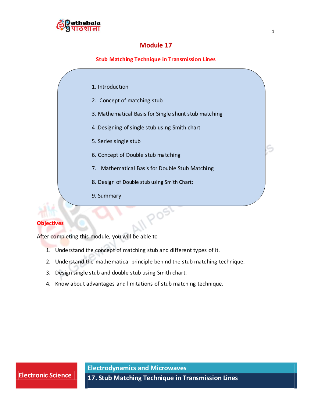 Electronic Science Electrodynamics and Microwaves 17. Stub Matching