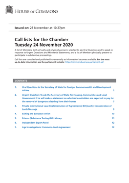 Call Lists for the Chamber Tuesday 24 November 2020