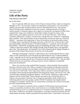 Life of the Party How Secure Is the CCP? by Orville Schell July 23 Marks the 100Th Anniversary of the Chinese Communist Party, Which Was Founded in Shanghai in 1921