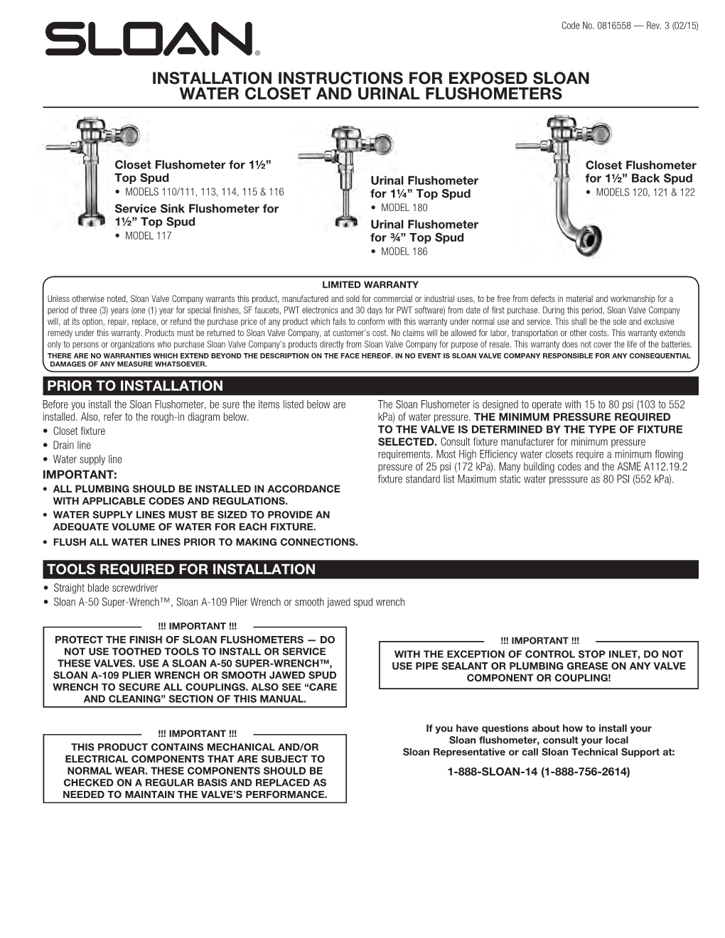 Installation Instructions for Exposed Sloan Water Closet and Urinal