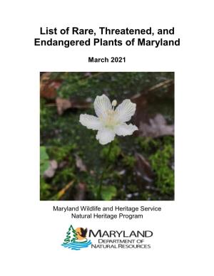 List of Rare, Threatened, and Endangered Plants of Maryland