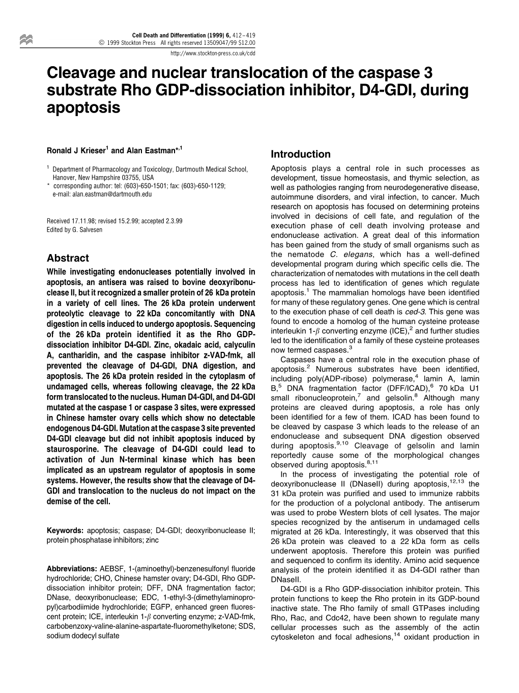 Cleavage and Nuclear Translocation of the Caspase 3 Substrate Rho GDP-Dissociation Inhibitor, D4-GDI, During Apoptosis