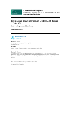 La Révolution Française , Rupture(S) En Révolution Rethinking Republicanism in Switzerland During 1798-1801 2