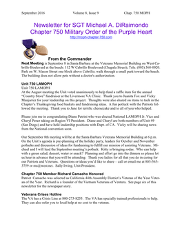Newsletter for SGT Michael A. Diraimondo Chapter 750 Military Order of the Purple Heart