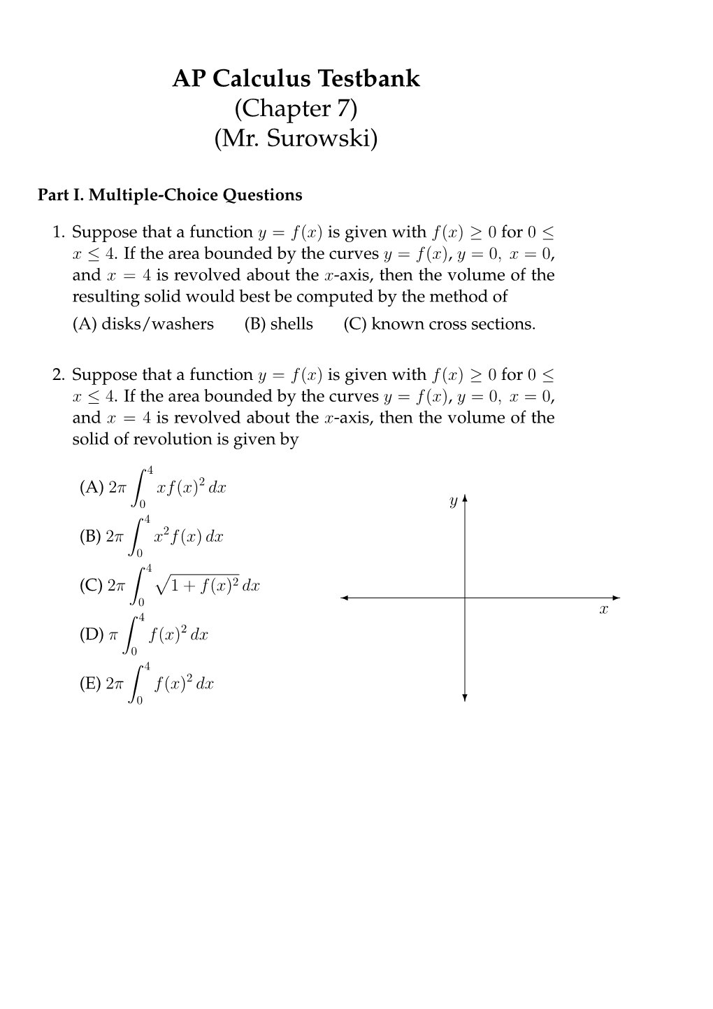 AP Calculus Testbank (Chapter 7) (Mr. Surowski)