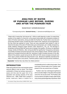 Analysis of Water of Pushkar Lake Before, During and After the Pushkar Fair