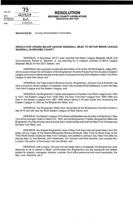 Resolution Urging Major League Baseball (Mlb) to Retain Minor League Baseball in Broome County