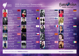 2015 Eurovision Sweepstake Semi Final 1: Friday May 22 | Semi Final 2: Saturday May 23 | Grand Final: Sunday May 24