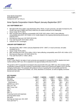 Amer Sports Corporation Interim Report January-September 2017