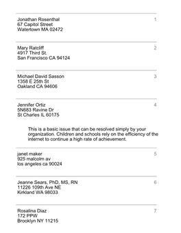 1 Jonathan Rosenthal 67 Capitol Street Watertown MA 02472 2 Mary Ratcliff 4917 Third St. San Francisco CA 94124 3 Michael David